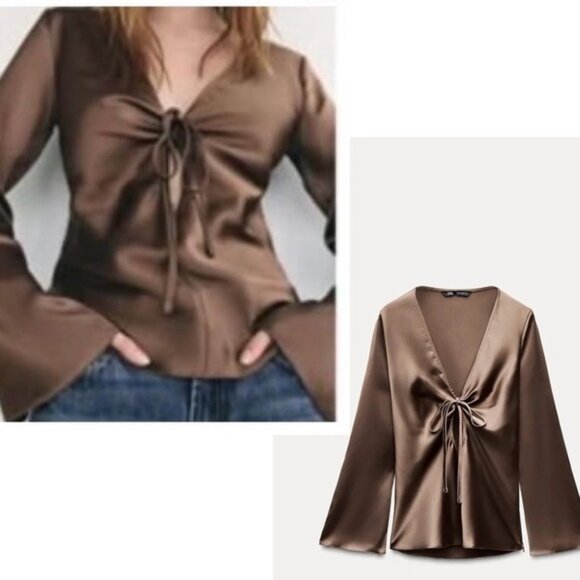 ZARA WOMAN CHOCOLATE BROWN SATIN BLOUSE SHIRT PEEP HOLE TIE BOW FLARE SLEEVE L - Picture 1 of 16